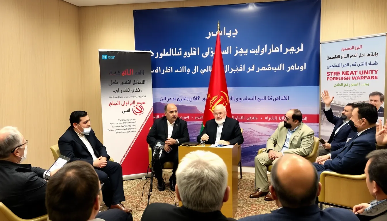 A group of Iranian officials discusses strategies for information warfare during a press conference, surrounded by banners promoting national unity and resilience against foreign aggression.