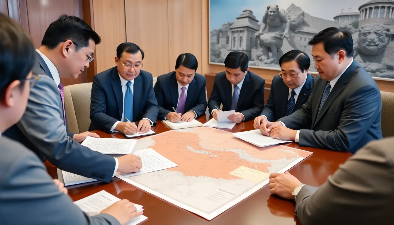 A group of Chinese diplomats discusses strategies in a conference room, surrounded by maps and documents related to the Iran conflict and its implications for China's foreign policy.