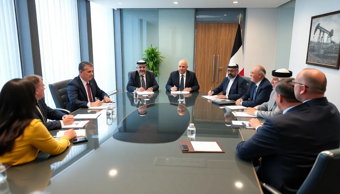 A group of diplomats and energy experts gather around a conference table, discussing strategies to address the rising tensions in the Gulf region and their impact on global oil and gas supplies.