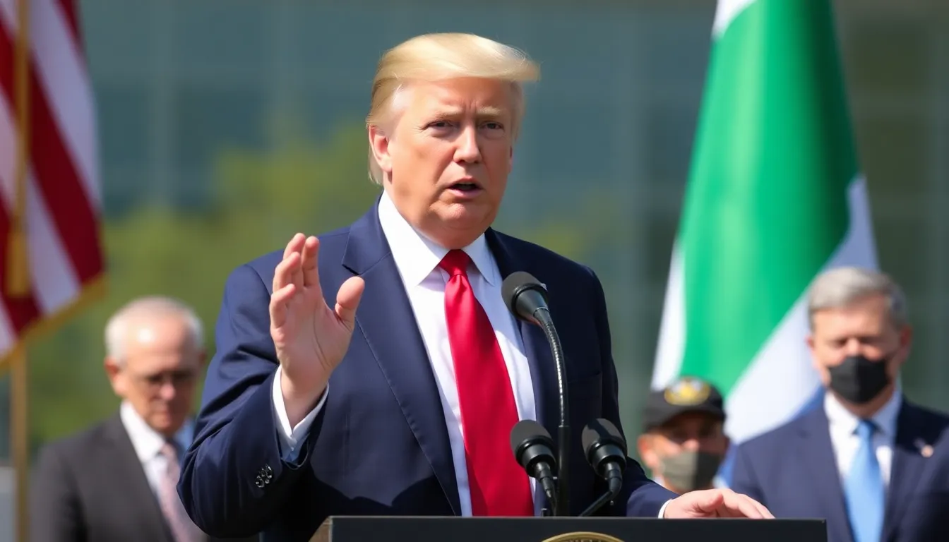 Former President Donald Trump speaks at a press conference, addressing concerns over national security amid escalating tensions in the Iran conflict.