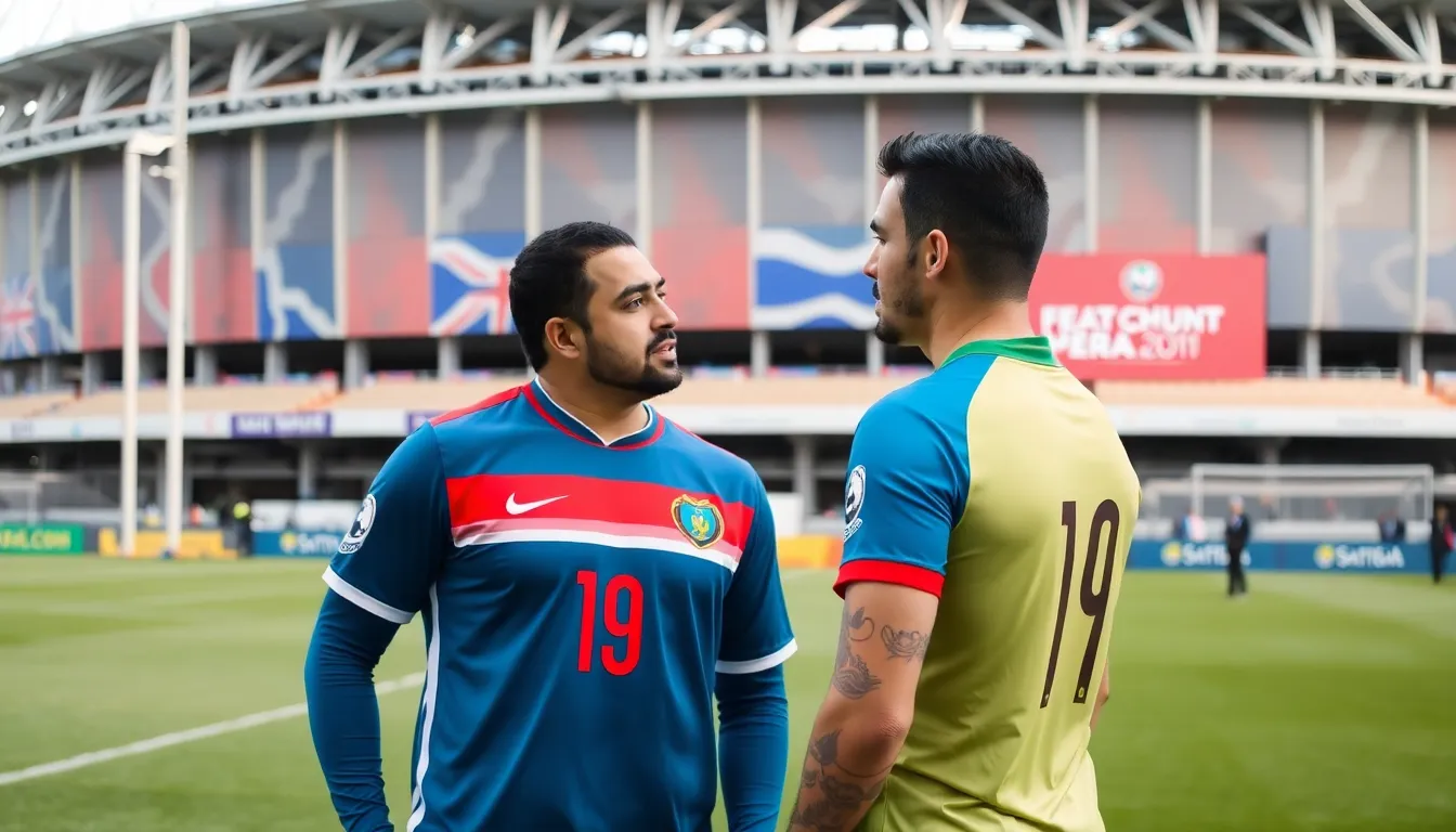 Two Iranian football players stand together outside a stadium in Australia, discussing their decision to remain in the country amid political unrest in Iran.