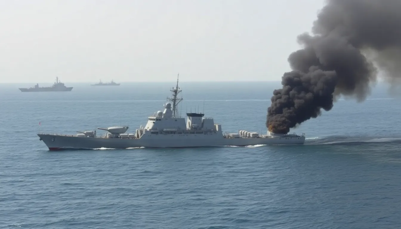 The Iranian warship IRIS Makran is seen sinking in the Gulf of Oman, with smoke billowing from the vessel as U.S. naval forces monitor the situation amidst rising tensions between Iran and the United States.