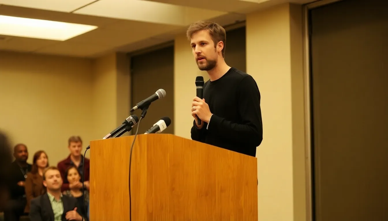 James Blake is seen speaking at a press conference where he addresses his request to remove his production credit from Kanye West's track "Bully," highlighting concerns about artistic integrity in the music industry.