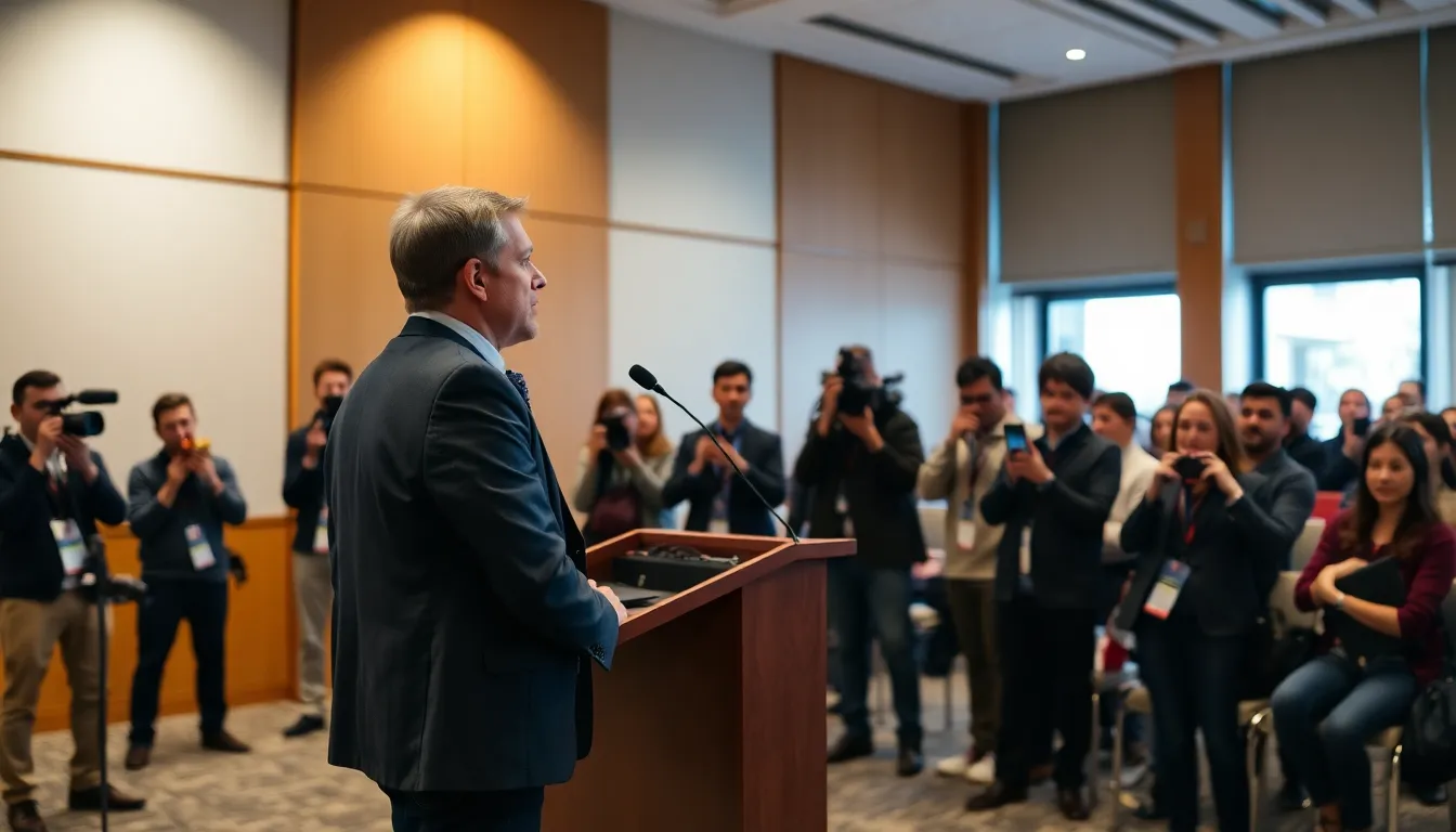 James LuckeyLange speaks at a press conference, sharing his experiences of detention and mistreatment in Venezuela, while a group of journalists and advocates listen attentively.