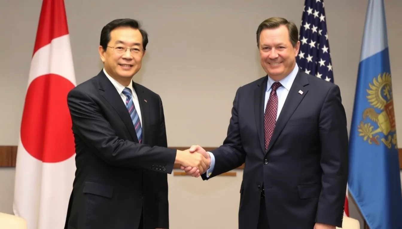 Japanese Prime Minister Fumio Kishida and U.S. Secretary of State Antony Blinken shake hands during a meeting in Tokyo to announce their partnership on seabed mining initiatives.