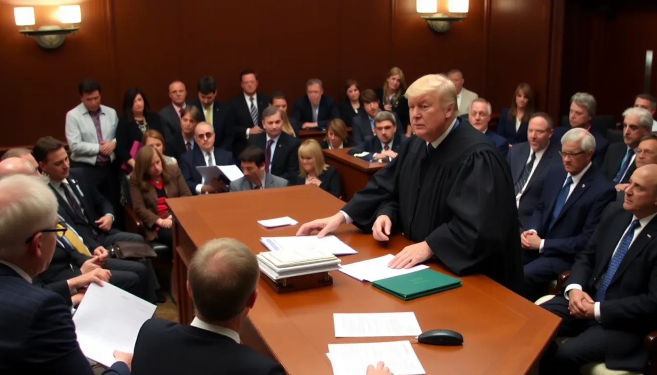 A federal judge delivers a ruling in a courtroom, surrounded by legal documents and attentive spectators, as the implications of the decision regarding Justice Department subpoenas unfold.