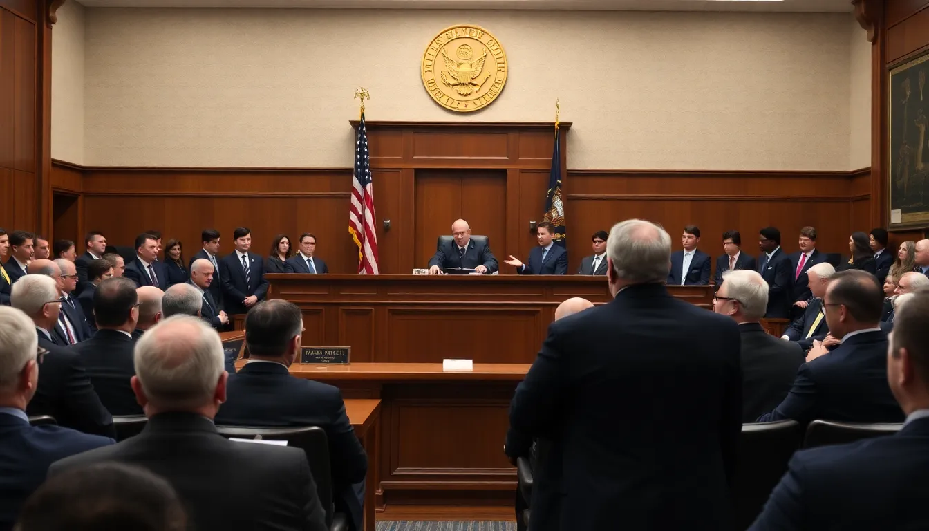 A federal judge is seen delivering a ruling in a courtroom, with legal representatives from both sides present, amid discussions about the Pentagon's restrictions on the AI company Anthropic.