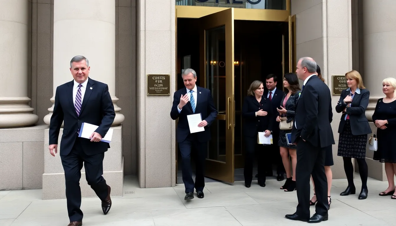 A key adviser is seen leaving a federal building, holding a resignation letter, as news of their departure from the vaccine panel spreads among onlookers.