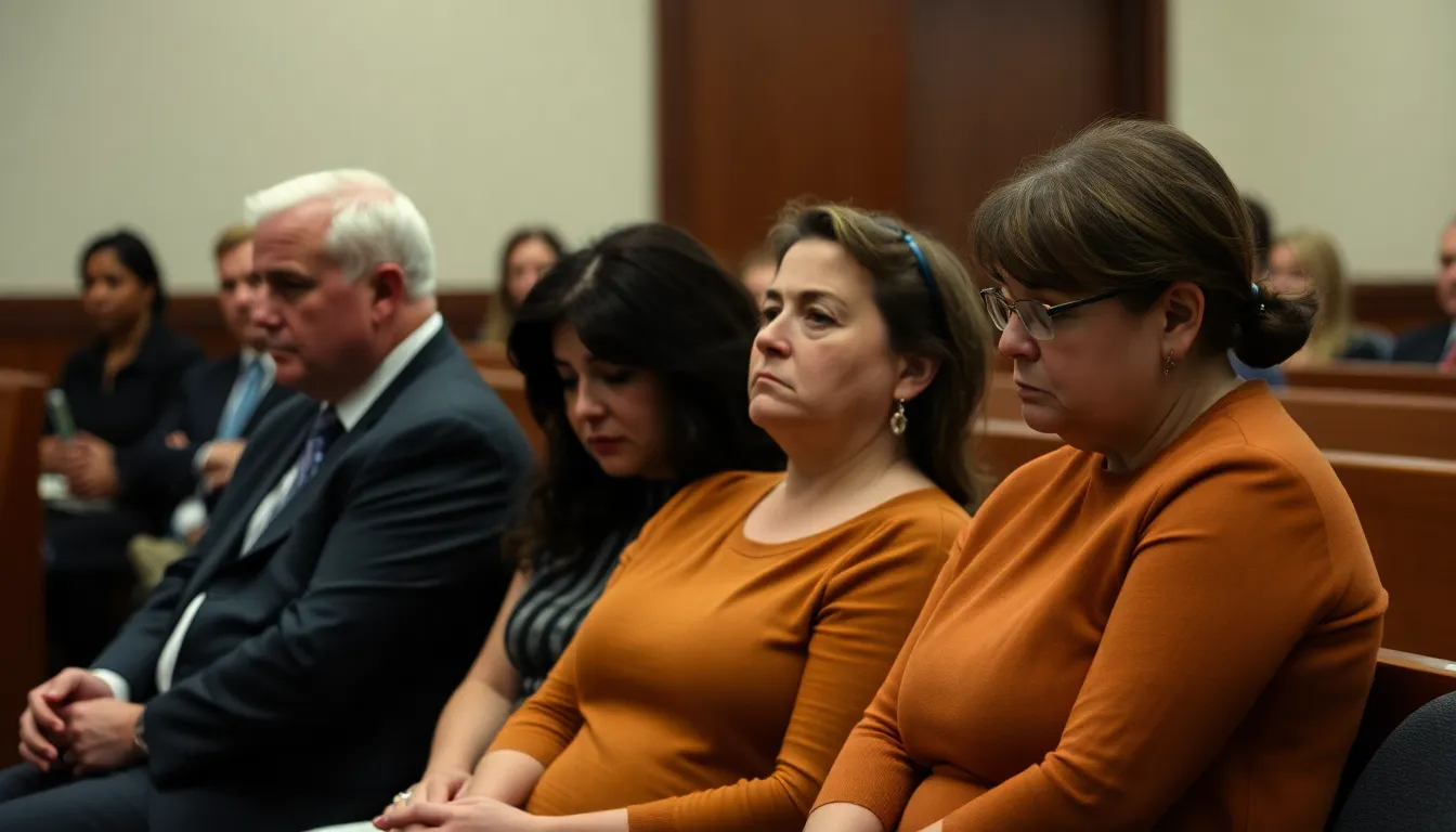 Family members sit in a courtroom, visibly emotional as they listen to testimonies during the inquest into the death of a convicted killer who rejected their pleas for reconciliation.