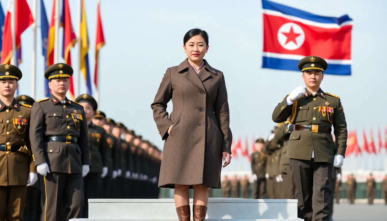 Juae Kim stands confidently on a platform during a military parade in North Korea, surrounded by uniformed officials and a backdrop of flags, as she is increasingly viewed as a potential future leader.