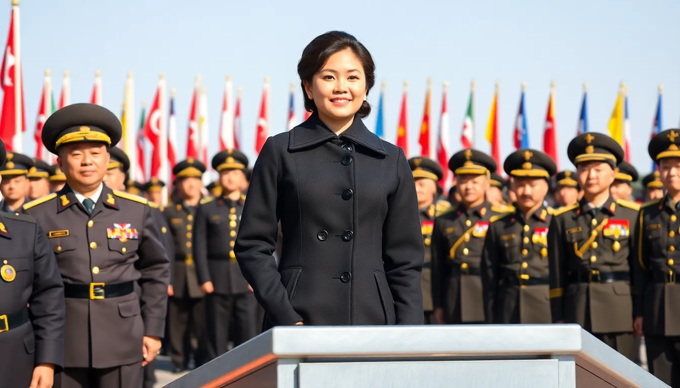 A portrait of Kim Juae is displayed at a political gathering, symbolizing the dynastic legacy of the Kim family in North Korea
