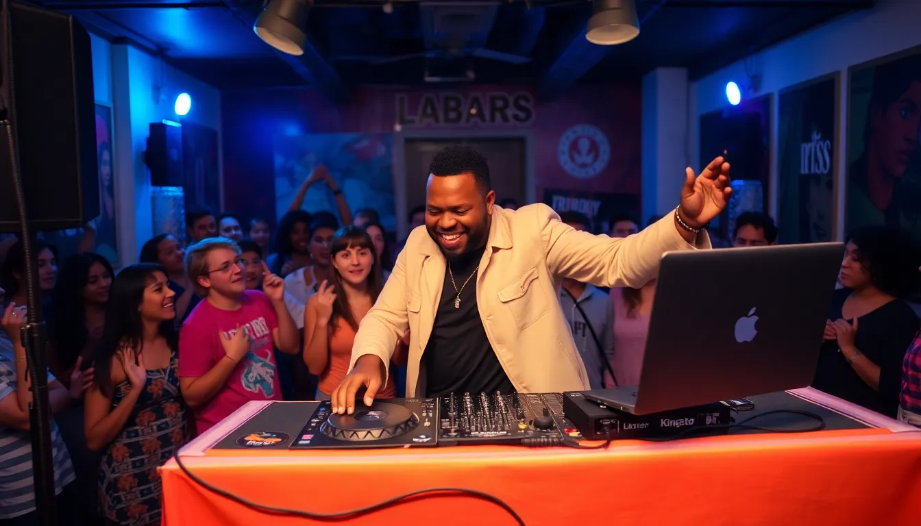 King stands behind a DJ booth at a local arts venue, energetically engaging with a lively crowd during an unexpected performance that highlights the importance of community arts.