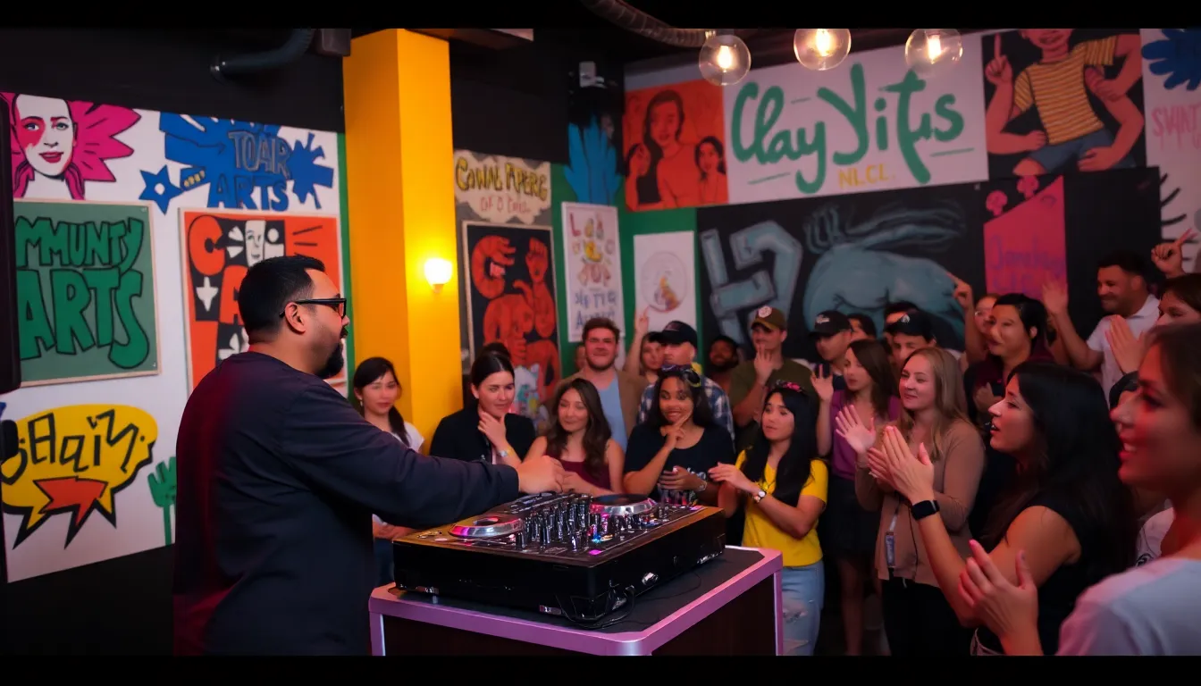 A diverse audience, including local artists and community leaders, gathers to enjoy the unexpected DJ performance by King