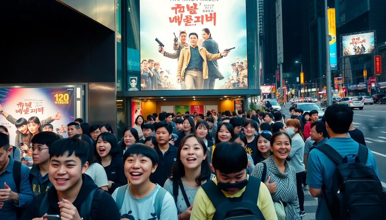 A vibrant street scene outside a cinema in Seoul, where local businesses thrive as fans flock to see the recordbreaking film