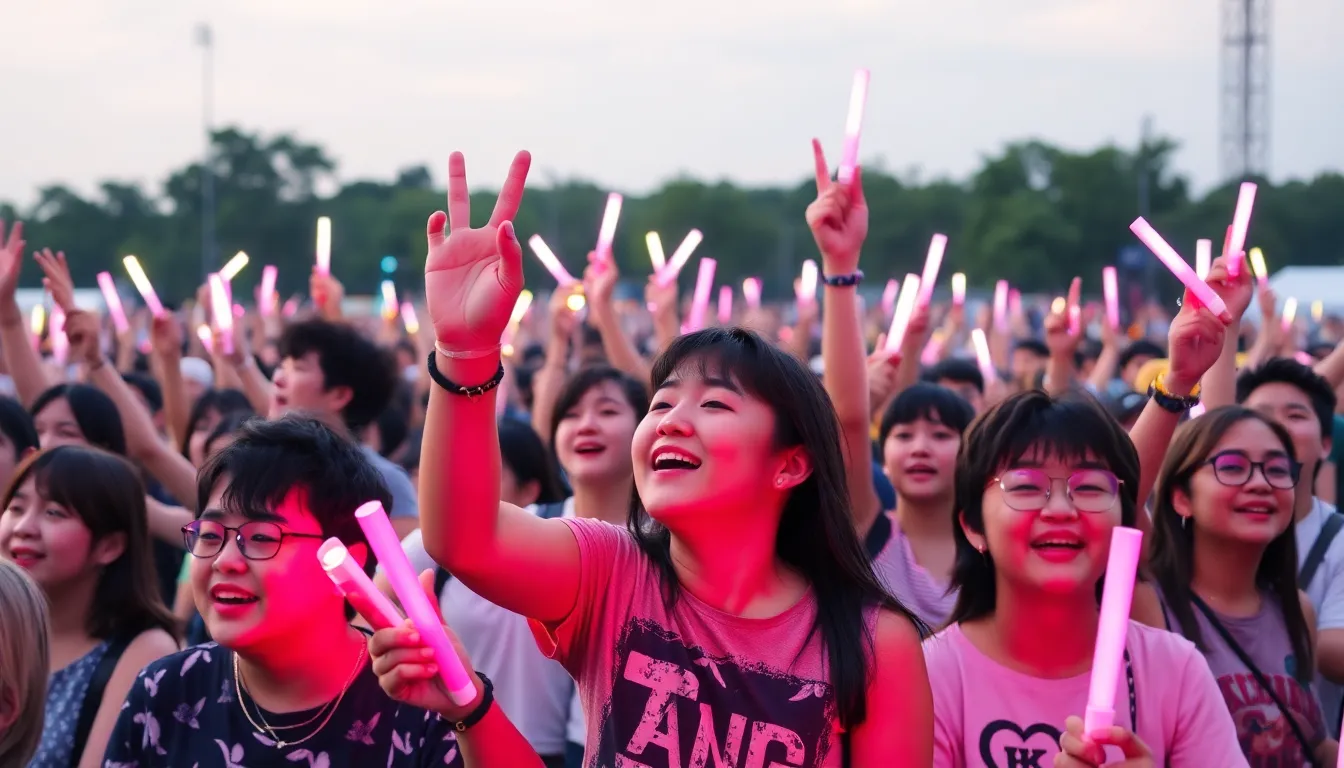 A diverse crowd of fans enthusiastically waves light sticks and sings along during a vibrant KPop concert, showcasing the genre's widespread appeal across different generations.