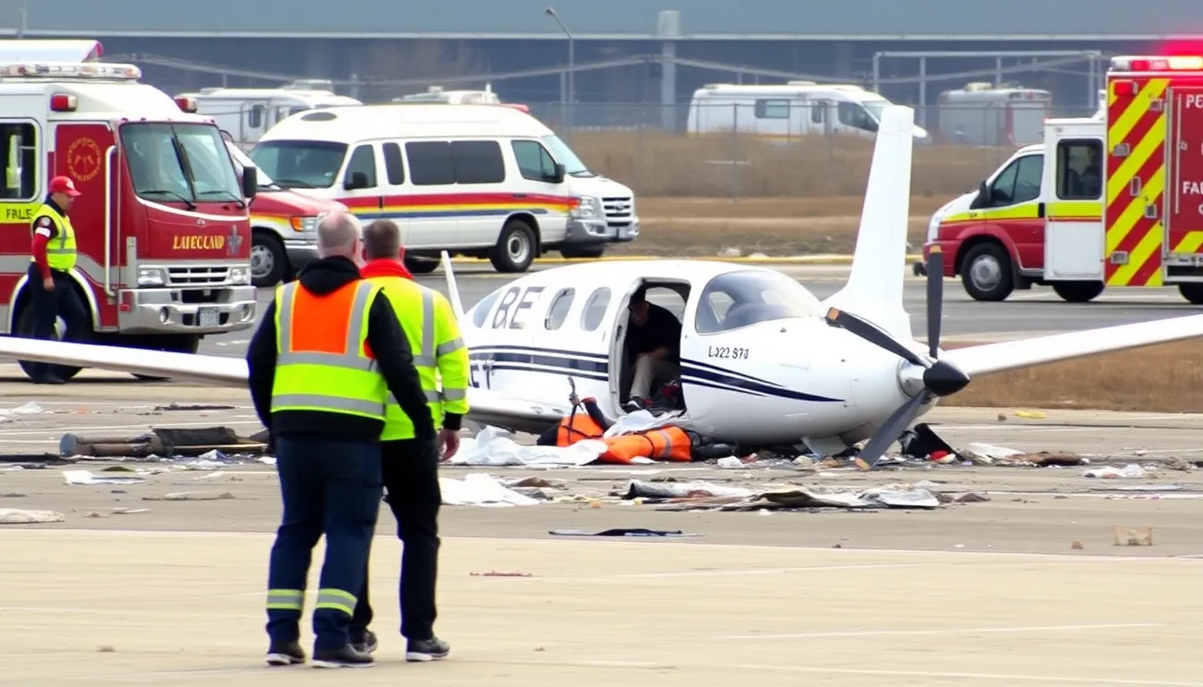 Emergency responders gather at the scene of the LaGuardia Airport crash, where a small plane wreckage lies on the runway surrounded by debris and emergency vehicles.
