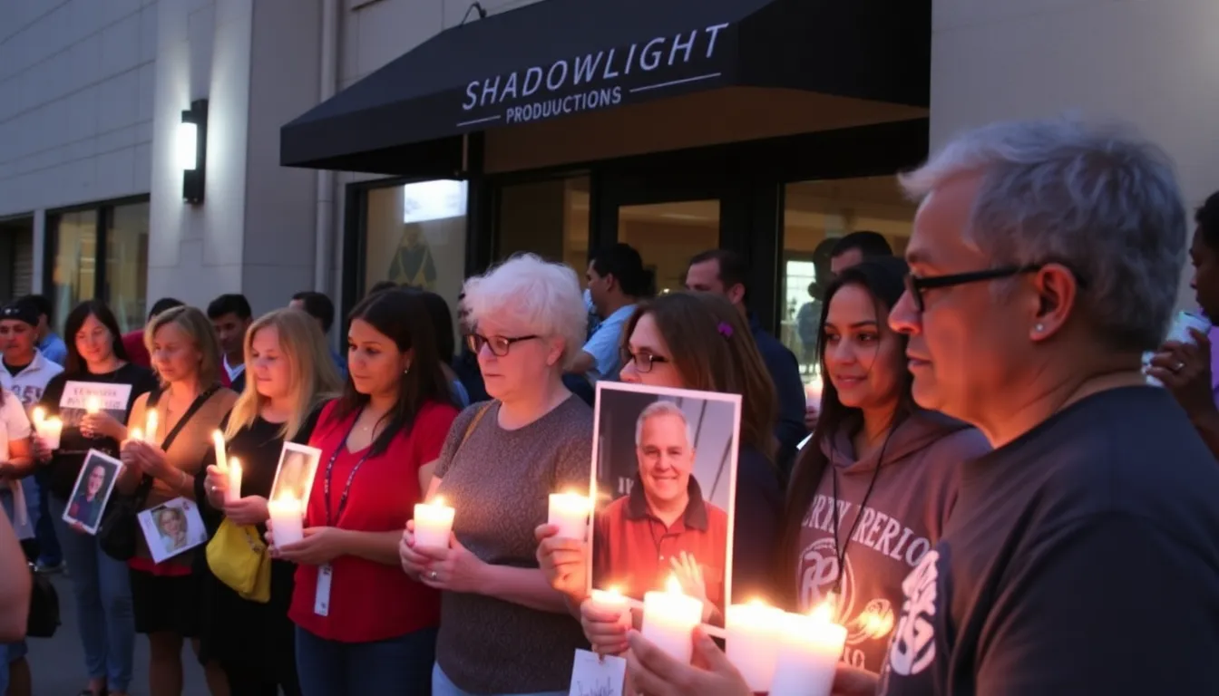A crowd gathers to pay tribute to Larry Reed, the renowned shadow puppetry artist, as candles are lit in his memory during a vigil held outside ShadowLight Productions.