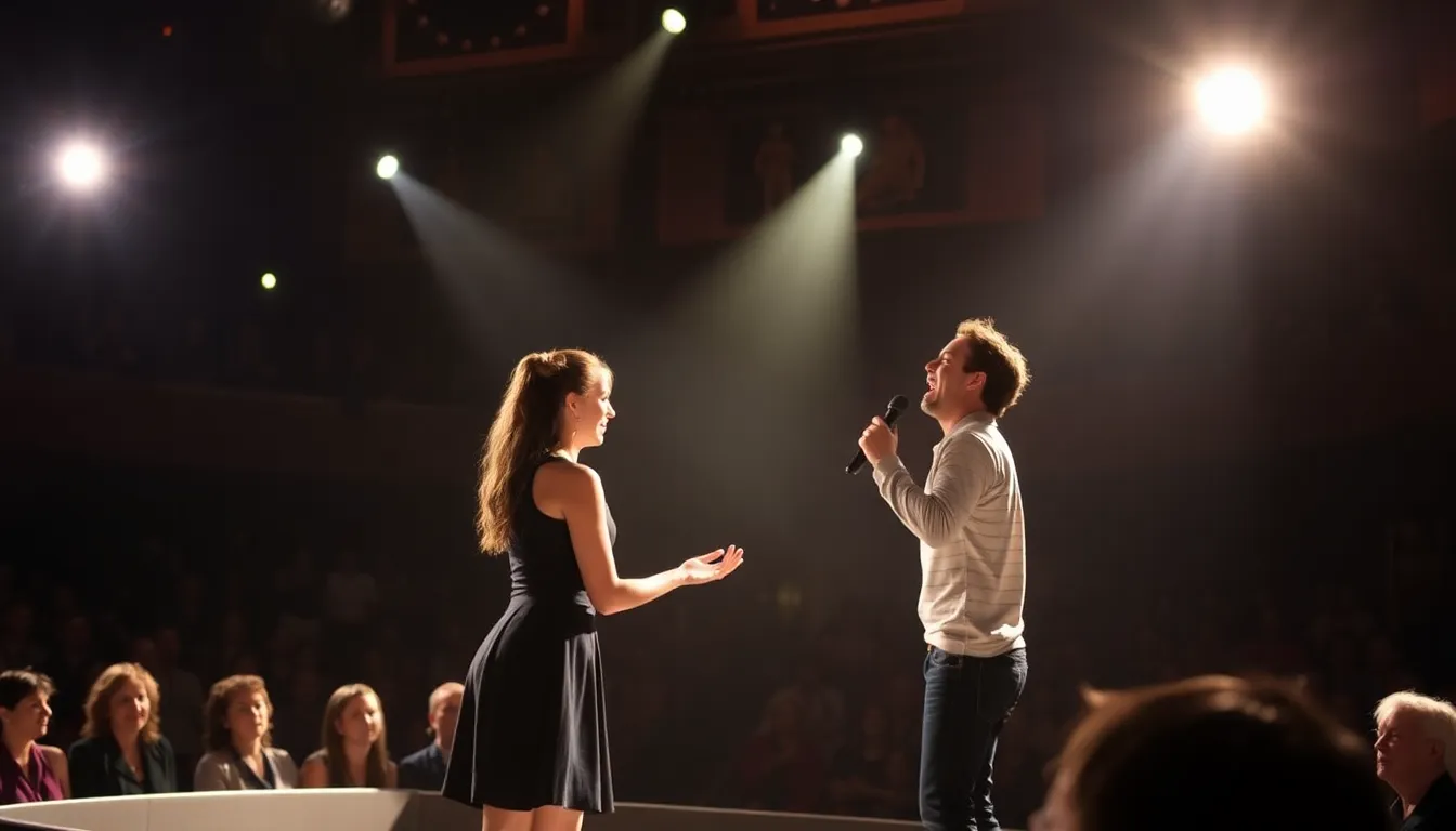 Rachel Zegler and Ben Platt perform a duet on stage, capturing the emotional intensity of their characters in The Last Five Years at the National Theatre.
