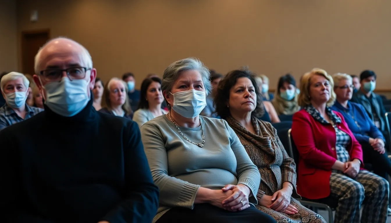 A group of bereaved family members sits in a solemn hearing room, visibly emotional as they listen to testimonies about the impact of the Covid19 pandemic on their lives.