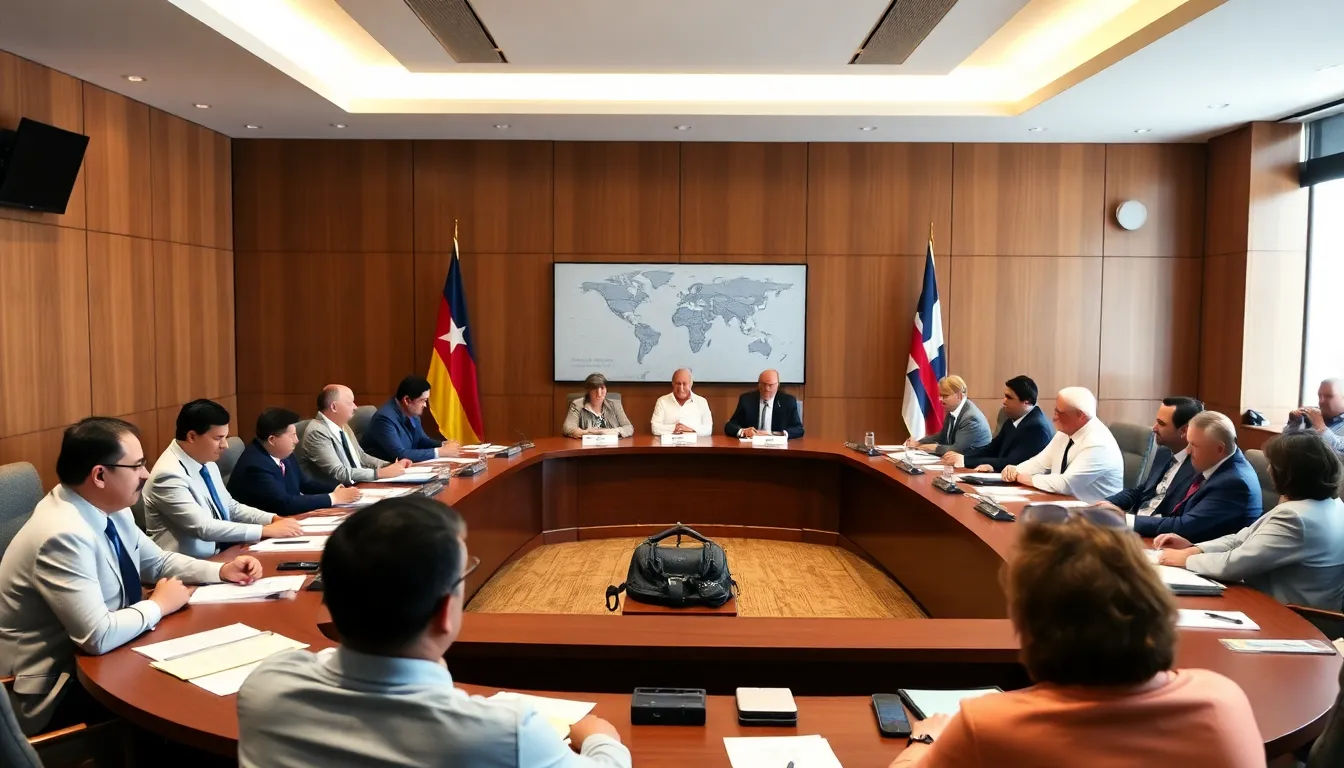 A group of Latin American leaders gathers at a summit table, engaged in intense discussions about diplomatic relations with Cuba amid rising tensions and shifting public sentiment.