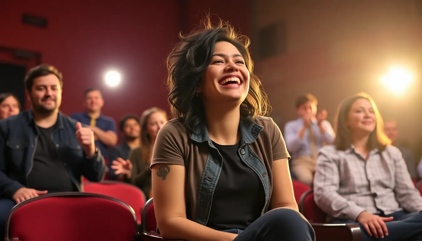 A contestant from the comedy series Last One Laughing sits on stage, visibly struggling to suppress her laughter while surrounded by fellow comedians engaging in humorous antics.
