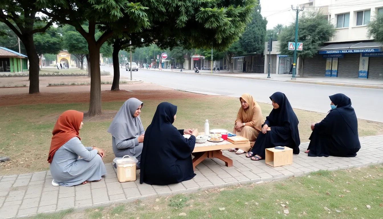 A small group of people gathers in a quiet park, dressed in modest clothing, as they share a simple meal to mark Eid alAdha amidst the backdrop of empty streets and closed shops.
