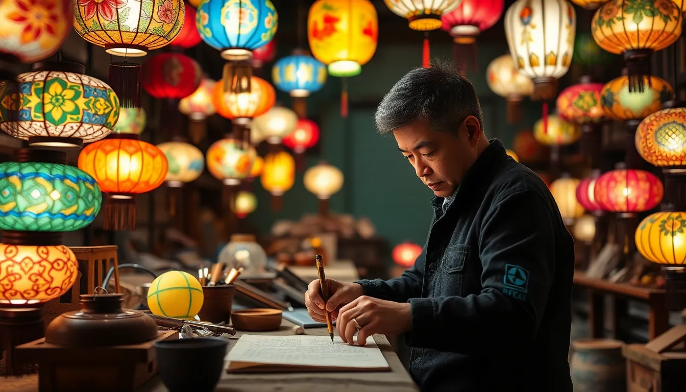 Artisans in Zigong meticulously craft colorful lanterns, showcasing intricate designs that highlight the town's rich cultural heritage and its significance as a major production hub in China.