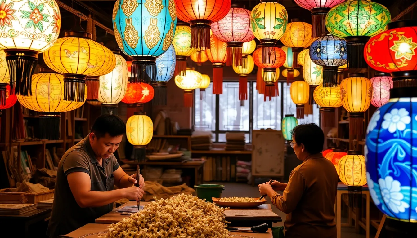 A vibrant display of colorful lanterns illuminating the streets during the festive season, showcasing traditional designs