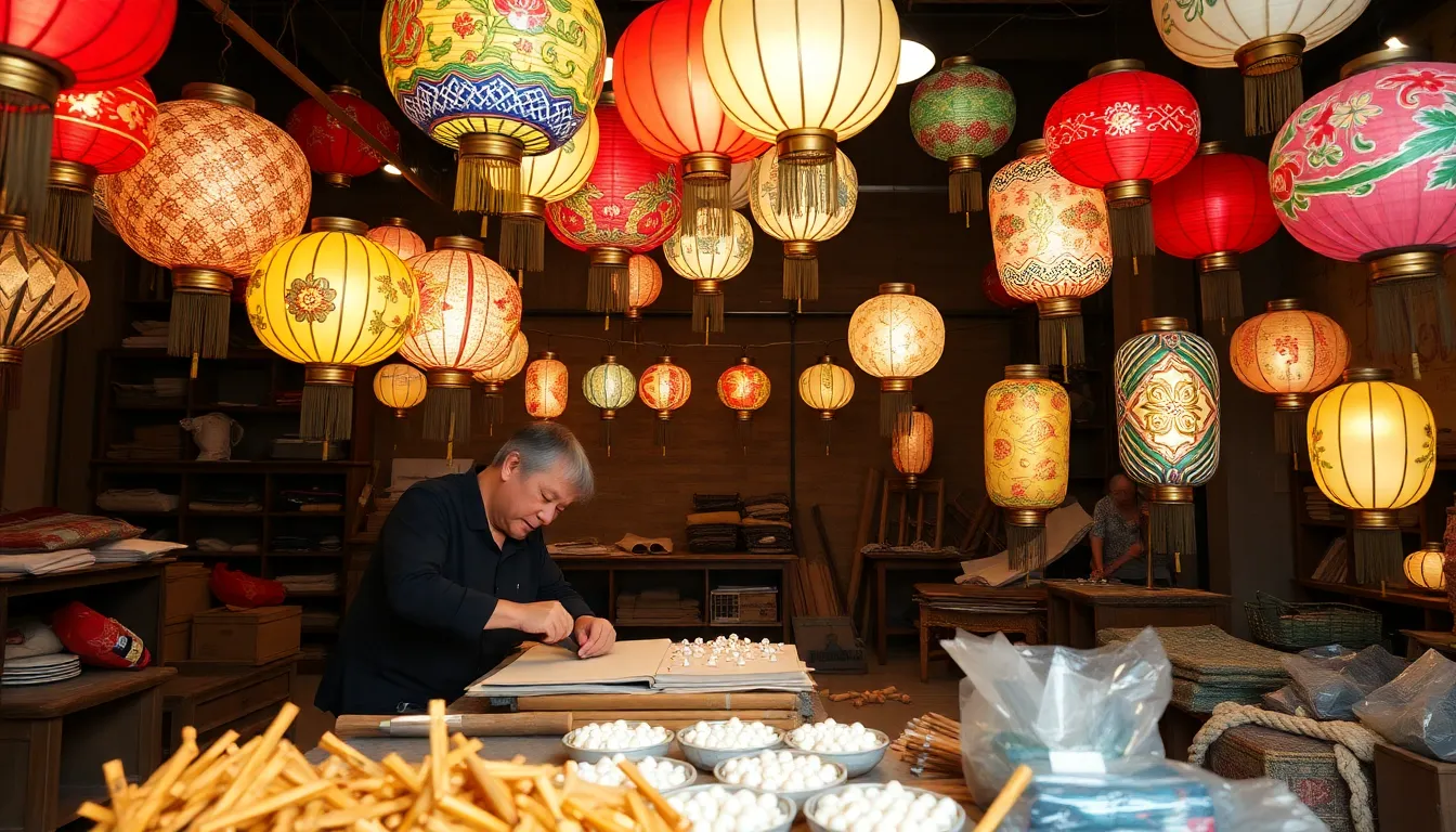 Workers in a lantern manufacturing workshop collaborating to innovate sustainable materials and modern designs