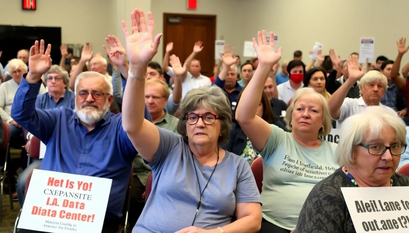Residents of Ashburn, Virginia, gather at a public meeting to voice their opposition to a proposed A.I. data center expansion, expressing concerns about environmental impacts and local resource strain.