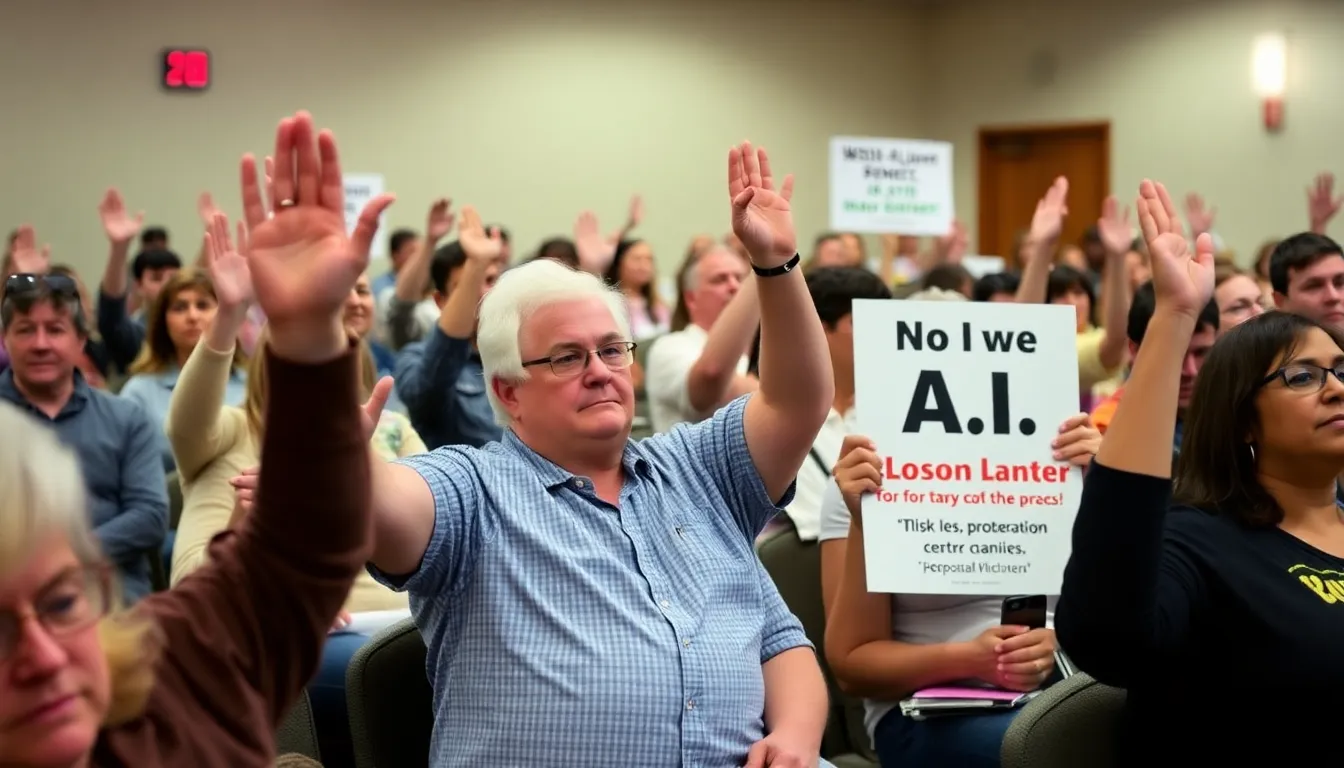 Environmental advocates rally in front of a proposed data center site, emphasizing the need for sustainable development practices