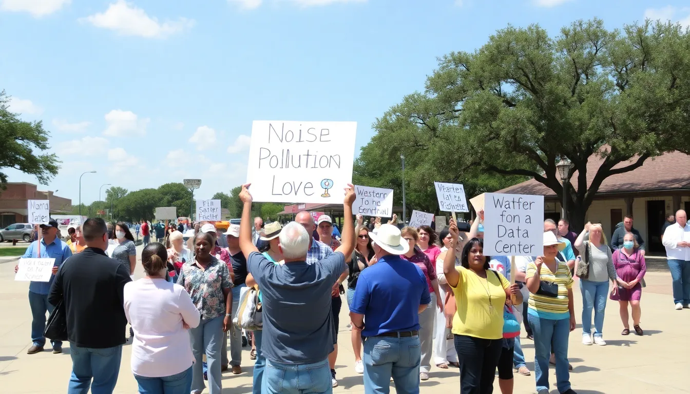 Residents of a Texas town gather in protest against a proposed A.I. data center, holding signs expressing their concerns about noise pollution and water usage.