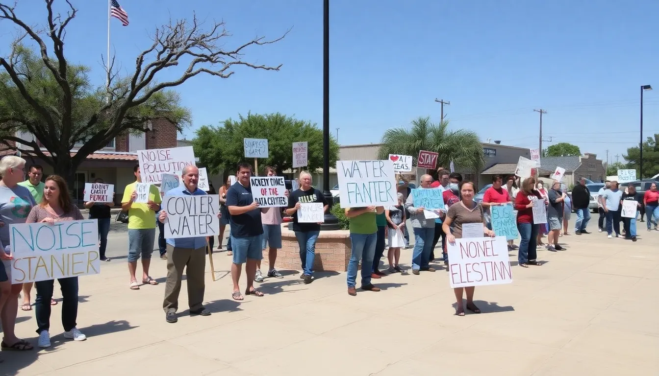A community protest against an A.I. data center project showcases residents rallying for sustainable development and local interests