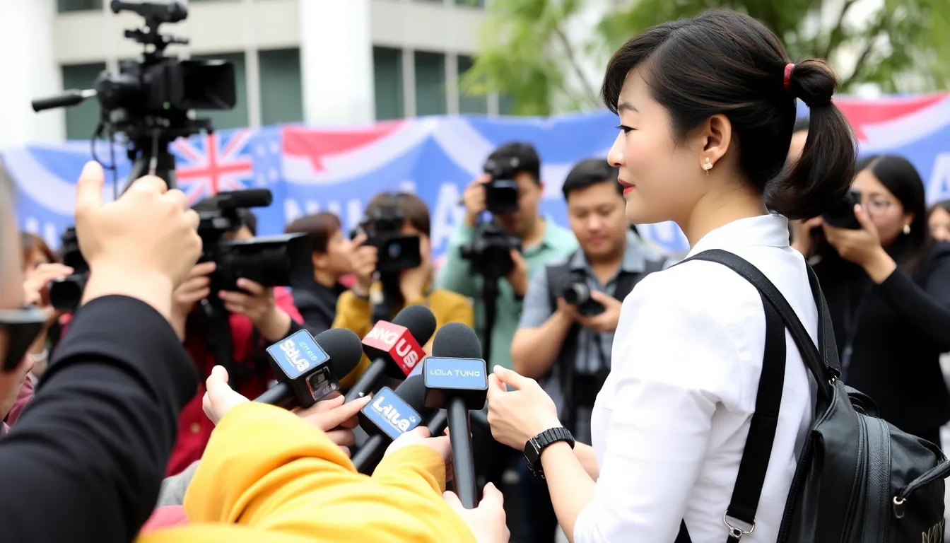 Lola Tung speaks to reporters at a press event, sharing insights about her upcoming film projects and recent collaborations while surrounded by cameras and fans.