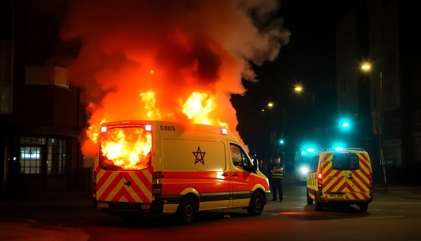 Flames engulf a Jewish ambulance in London, with smoke billowing into the night sky as emergency responders work at the scene of the arson attack.