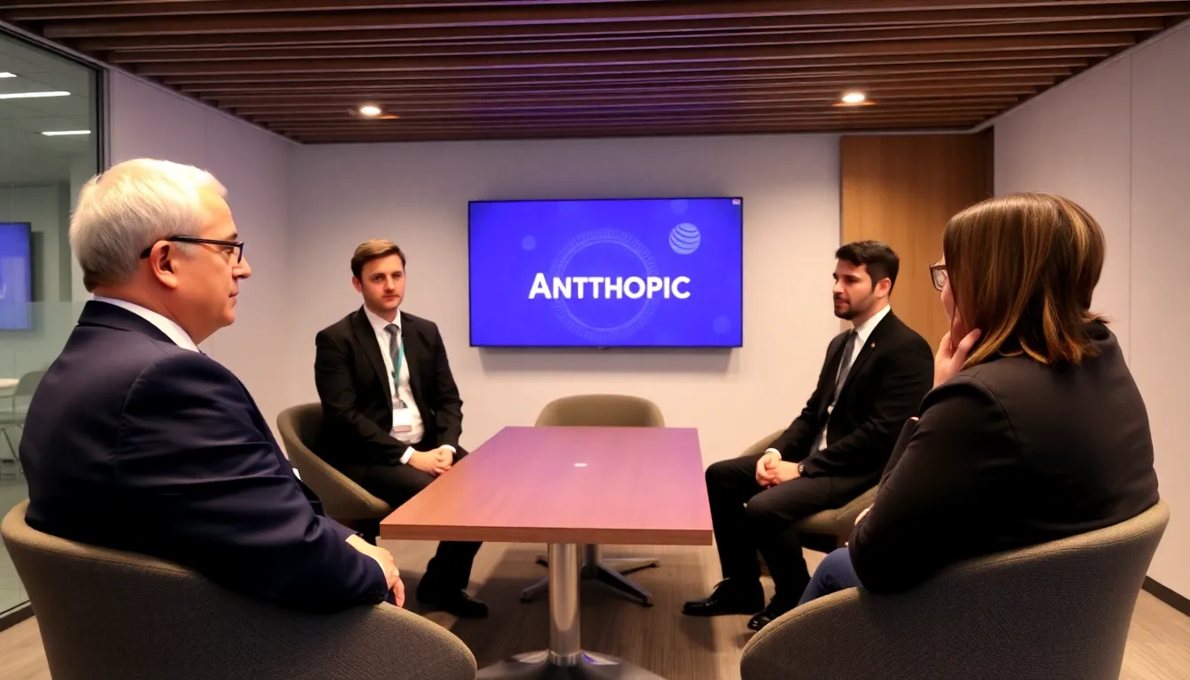 Employees at Anthropic work diligently at their desks, surrounded by screens displaying advanced AI models and research data, reflecting the company's commitment to responsible technology