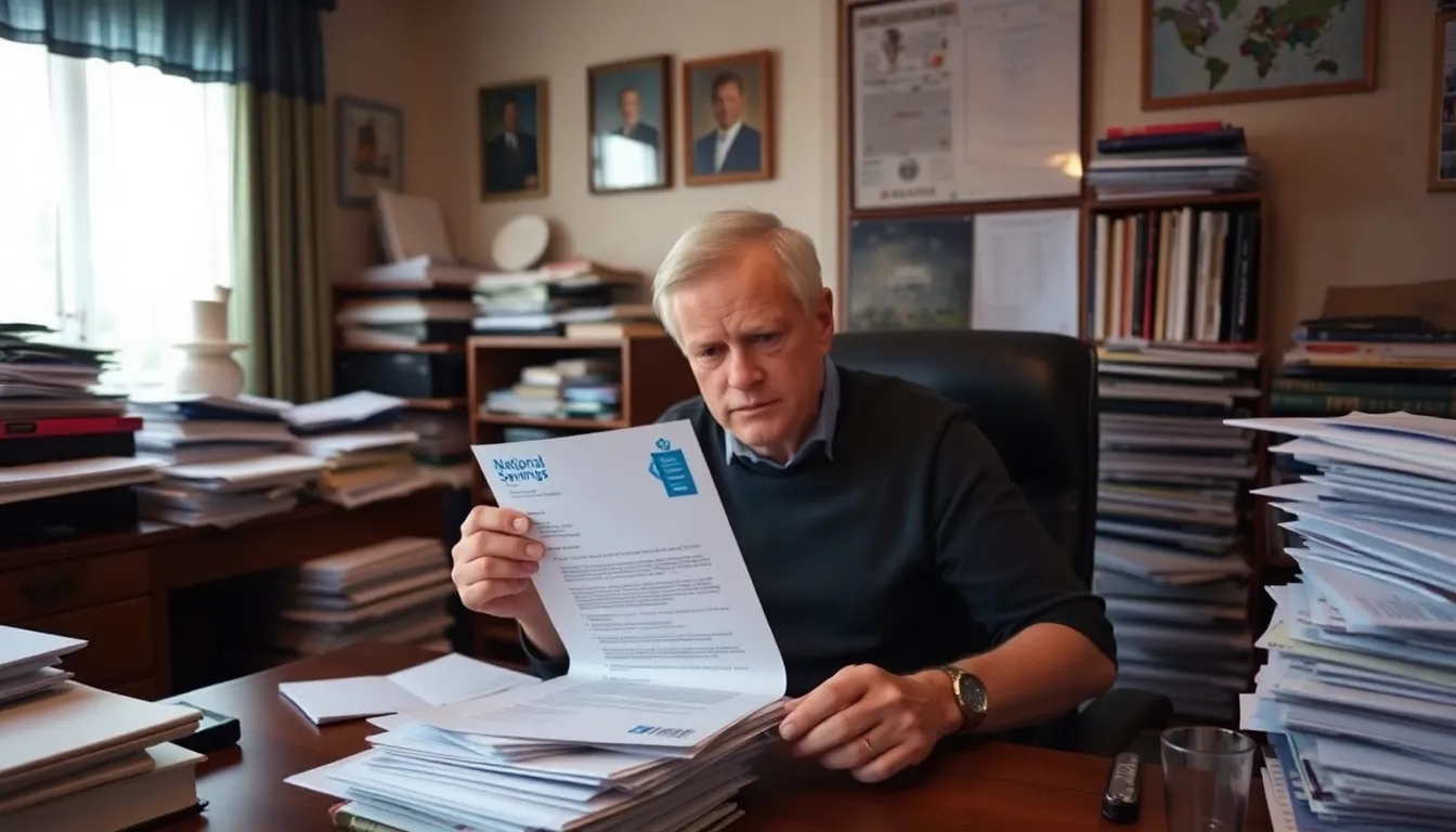 A person sits at a desk surrounded by paperwork, looking frustrated while holding a letter from National Savings and Investments regarding their late father's premium bonds.
