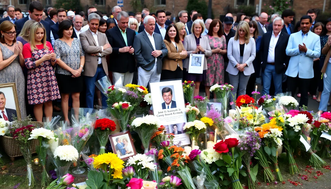 A crowd gathers at a memorial site adorned with flowers and candles, honoring the legacy of John F. Kennedy Jr. and Carolyn Bessette Kennedy on the anniversary of their tragic deaths.