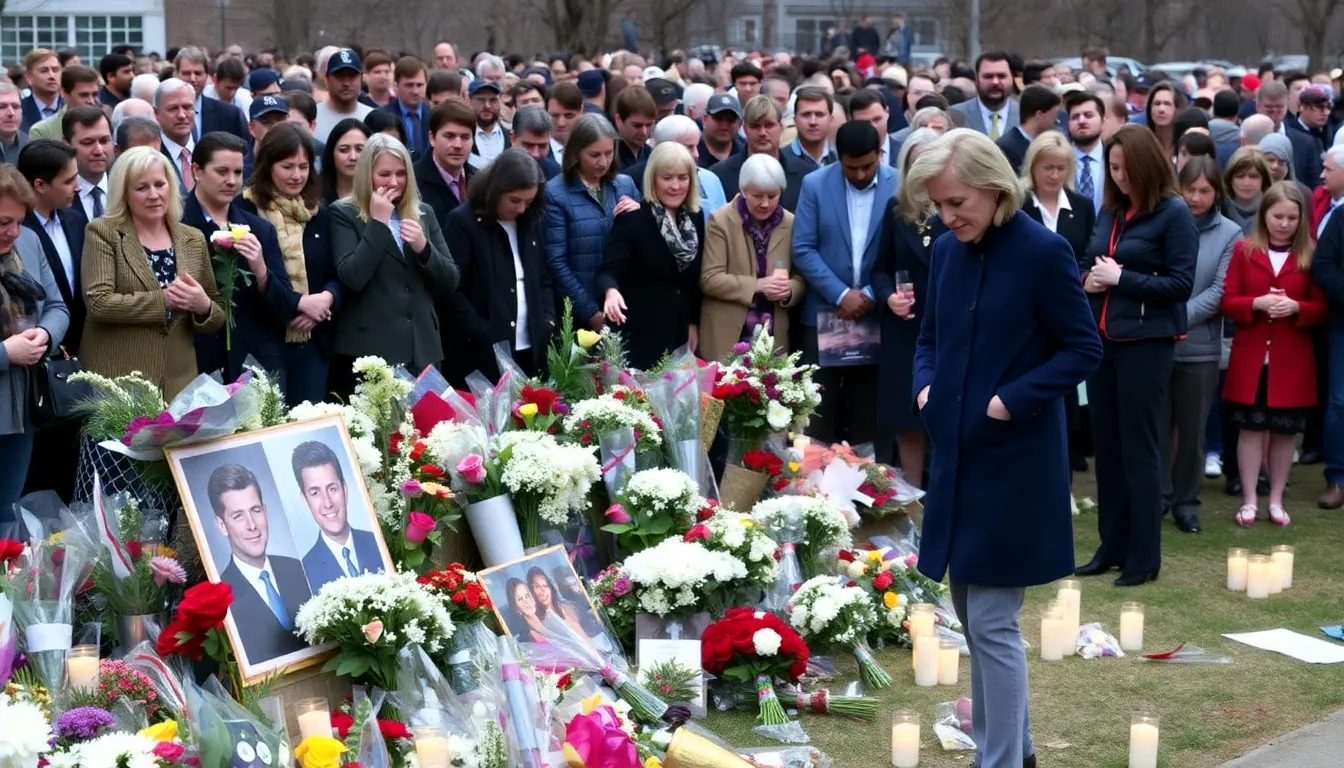 A poignant discussion among attendees at a memorial event, highlighting the complexities of love and loss in the public eye, inspired by the couple's legacy