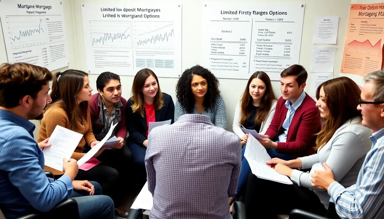 A group of anxious firsttime homebuyers consults with a mortgage broker in an office, surrounded by paperwork and charts reflecting rising interest rates and shrinking lowdeposit mortgage options.