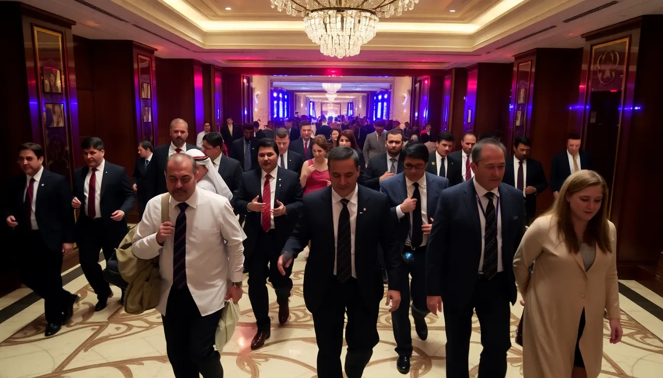 Guests at a luxury hotel in Dubai evacuate as alarms sound in response to recent regional attacks, highlighting concerns over safety in highprofile tourist destinations.