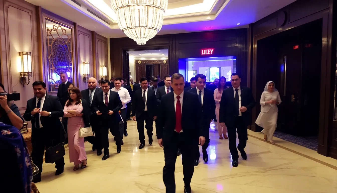 A group of concerned hotel staff discussing safety protocols in response to the recent attacks, reflecting the heightened awareness in the hospitality sector
