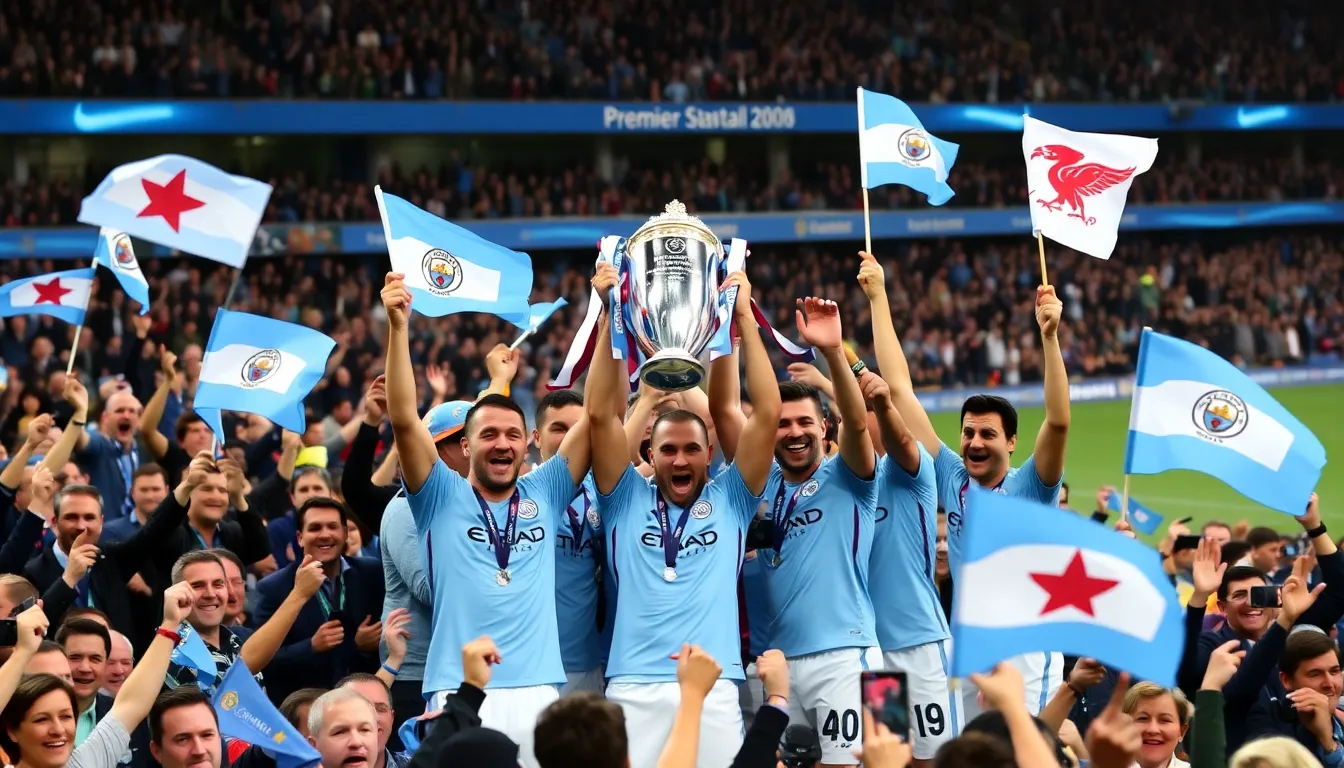 Fans celebrate as Manchester City players lift the ePremier League trophy at Etihad Stadium after their victory over Liverpool.