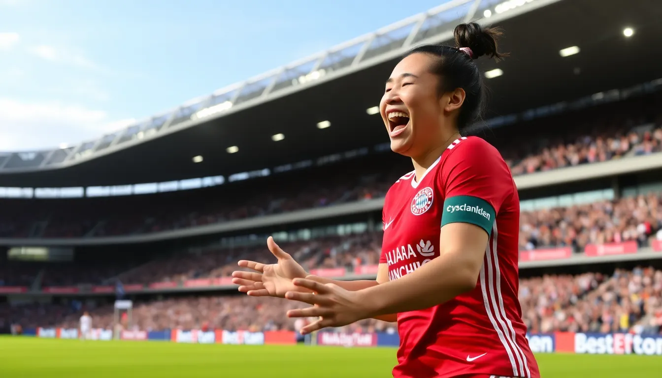 A packed stadium filled with fans, showcasing the electric atmosphere during the UEFA Women's Champions League match between Manchester United and Bayern Munich