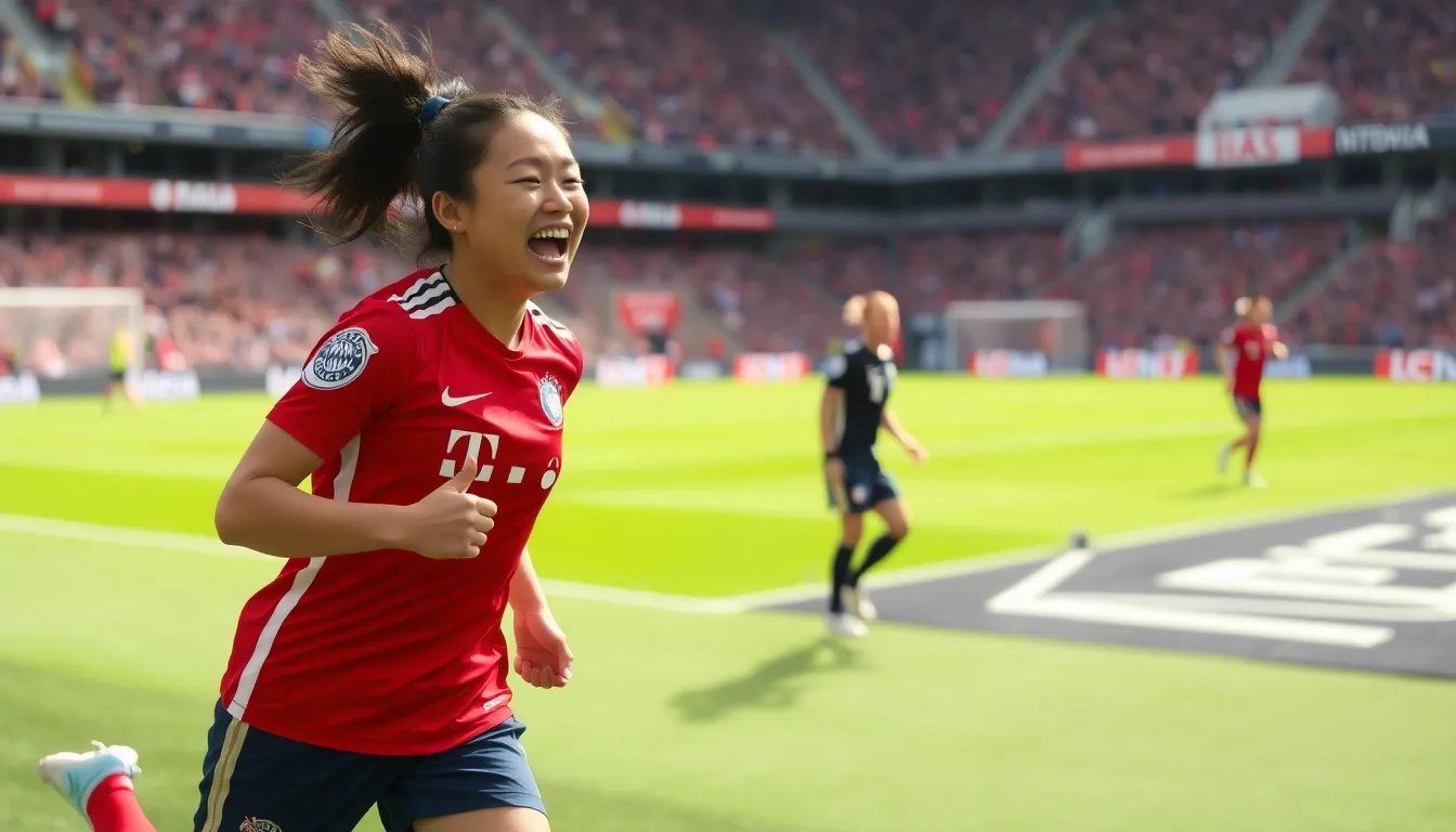 Bayern Munich's Tanikawa celebrates scoring the late winning goal against Manchester United during a tense UEFA Women's Champions League match at Allianz Arena.