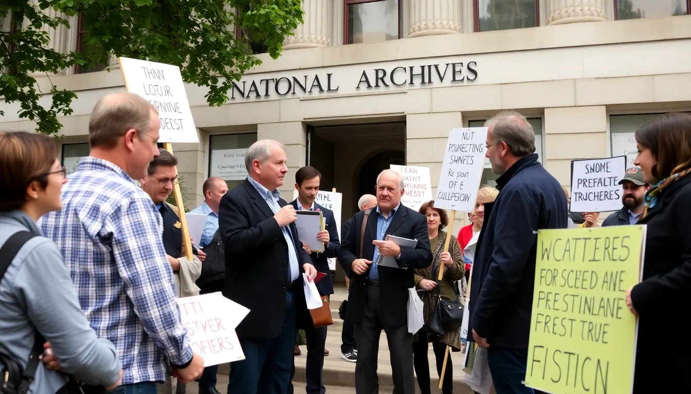 A group of journalists and historians gather outside the National Archives, discussing the limited release of documents related to Peter Mandelson amidst a backdrop of protest signs advocating for transparency.
