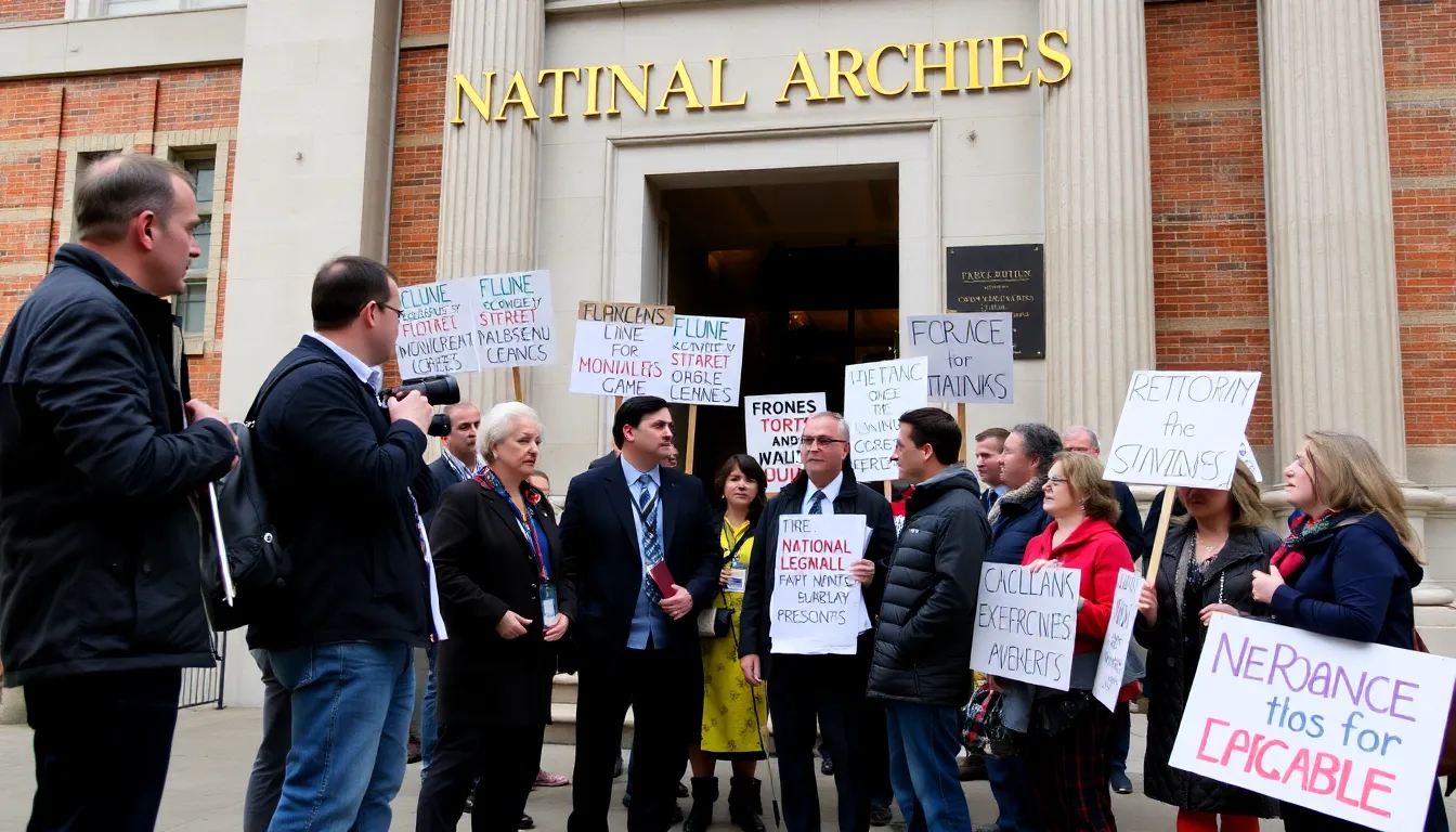 Protesters holding signs advocating for transparency and the full release of government documents outside a government building