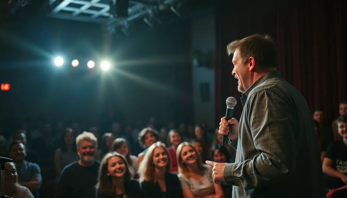 A comedian stands on stage, animatedly delivering a punchline to an engaged audience, who are laughing and enjoying the performance.