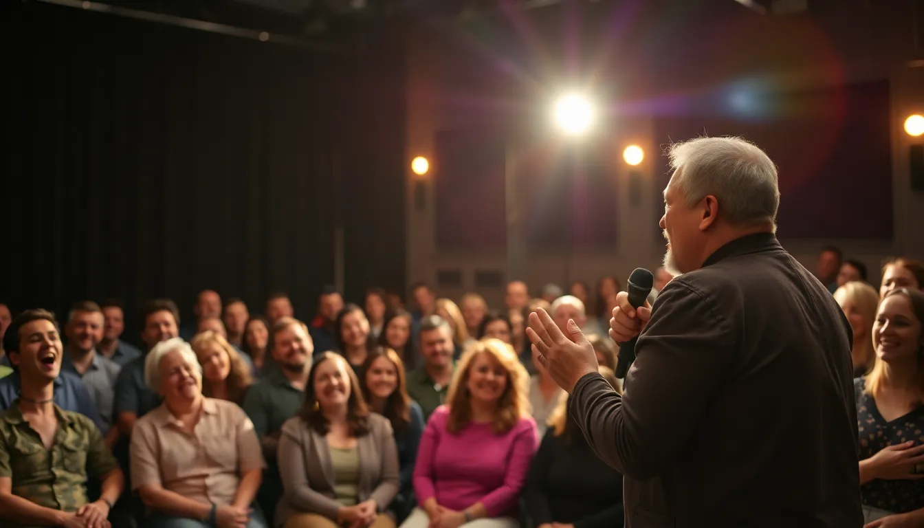 A comedian performing on stage, engaging with an audience that reacts with laughter, highlighting the dynamic relationship between humor and audience perception