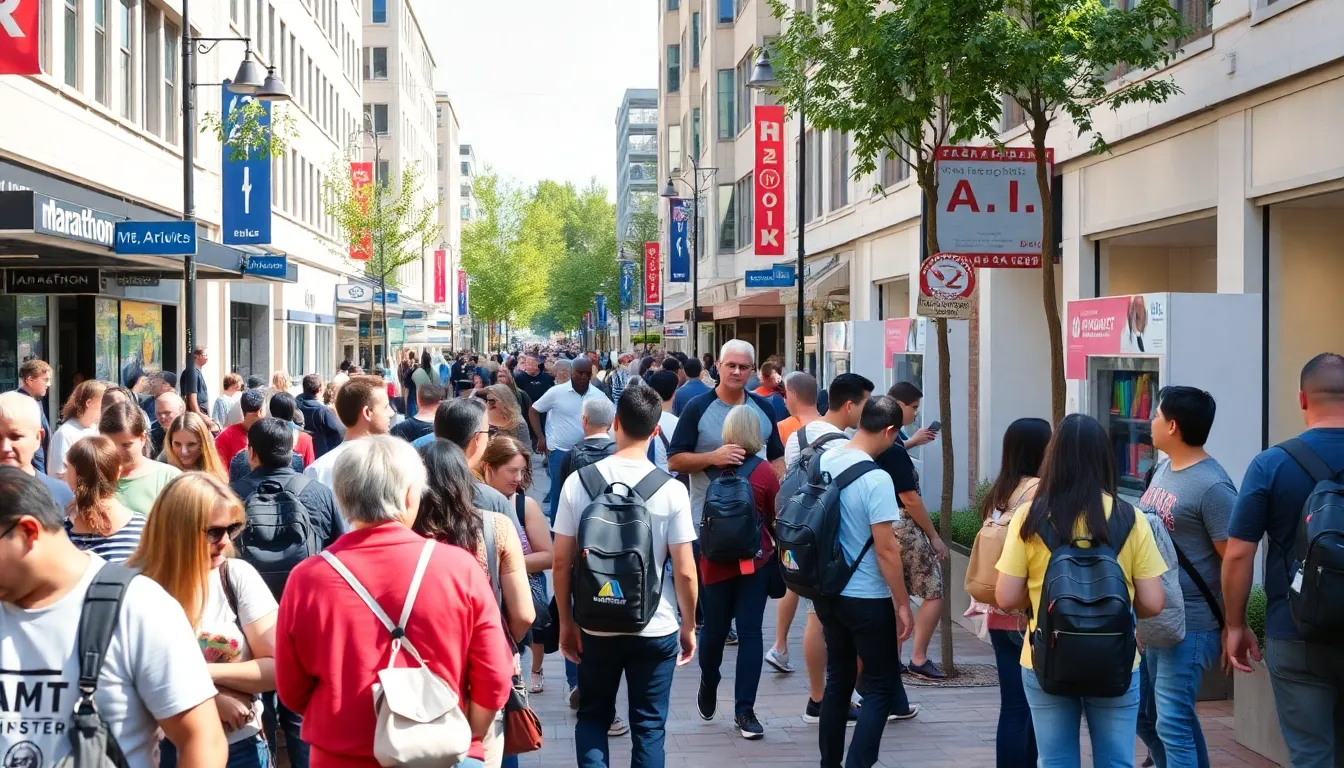A bustling street in Marathon showcases a mix of people and A.I.powered kiosks, highlighting the city's rapid technological transformation and the community's adaptation to artificial intelligence in daily life.